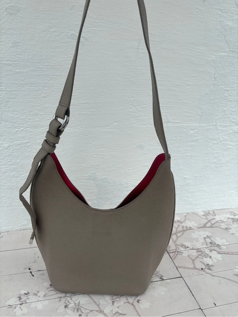 Tory Burch Taupe Pebbled Leather Shoulder Hobo with Red Lining